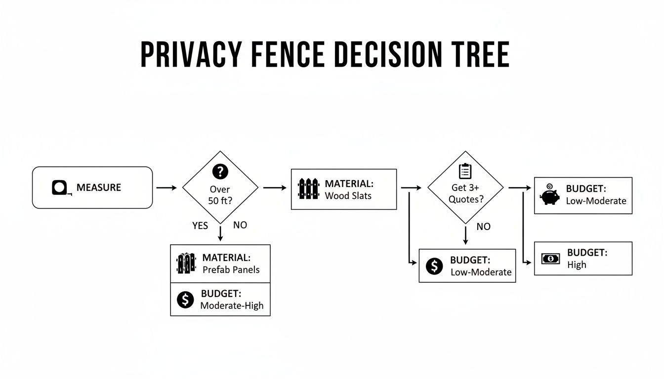 Decision tree flowchart for privacy fence selection, guiding choices based on length, material, quotes, and budget.