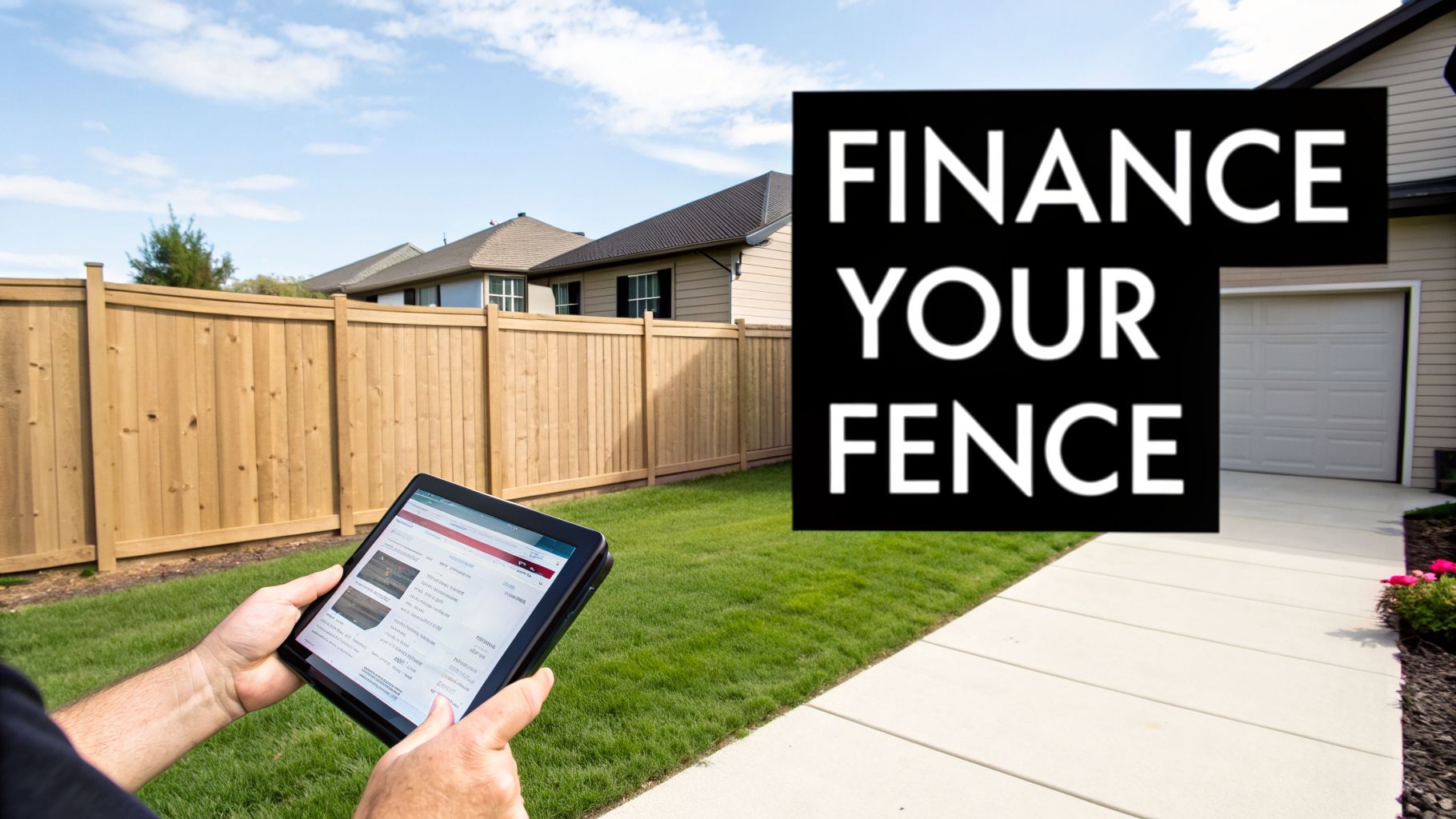 A person holds a tablet displaying a website, with a new wooden privacy fence and a house in the background.