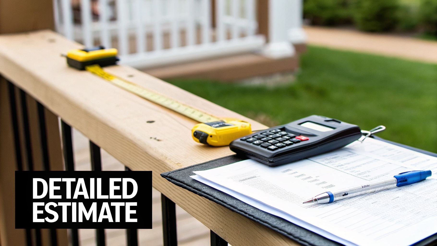 A tape measure, calculator, pen, and documents on a deck railing for a detailed estimate.