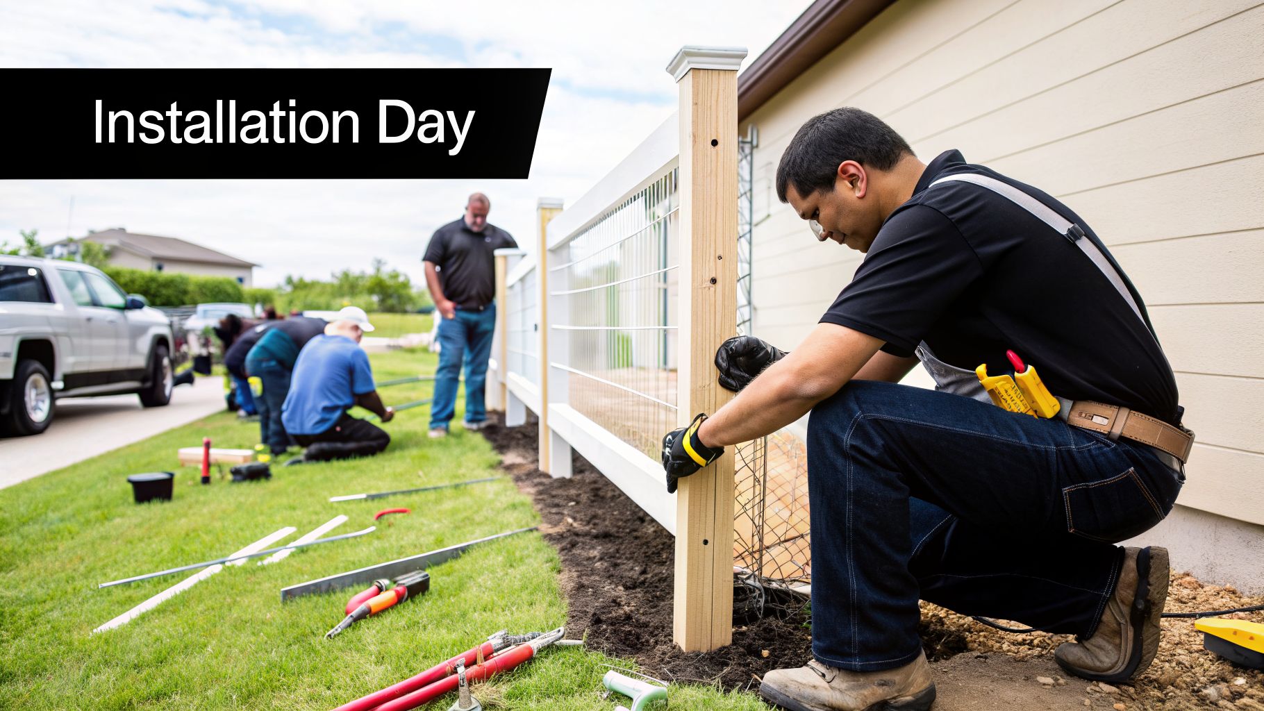 A team of professional fence installers builds a white and wood fence in a suburban setting.