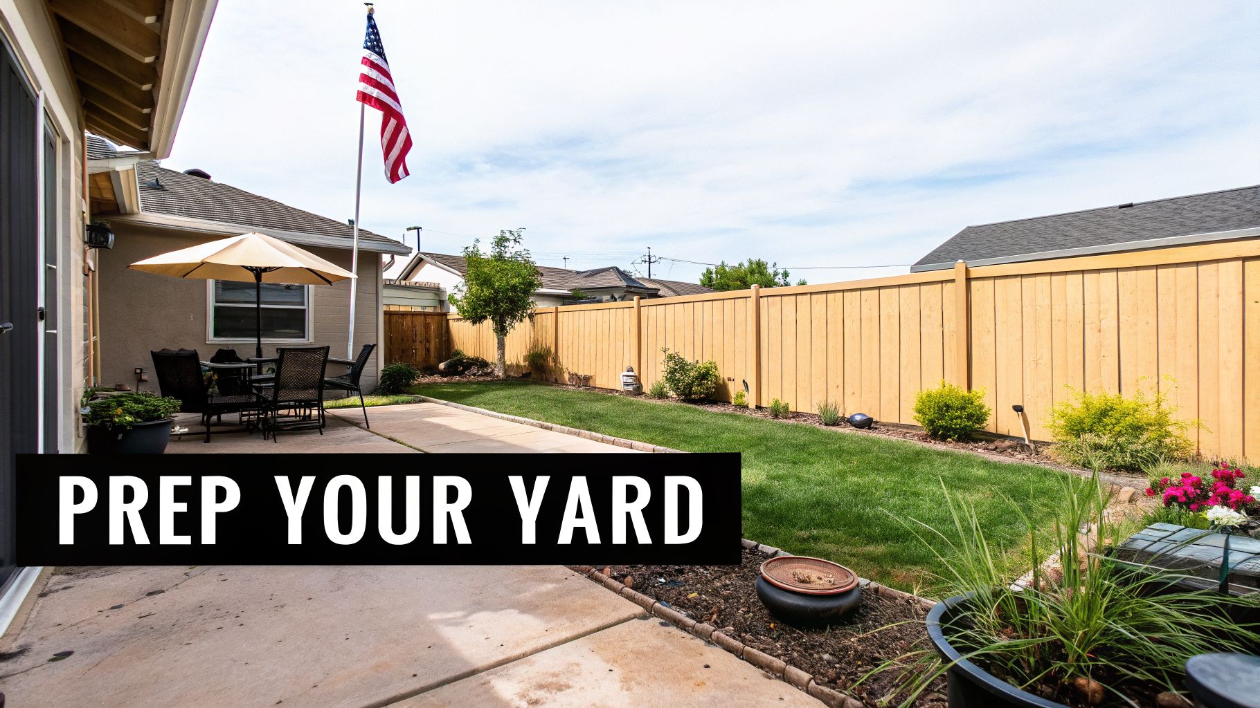 A sunny backyard with a concrete patio, outdoor dining set, green lawn, and a wooden fence.
