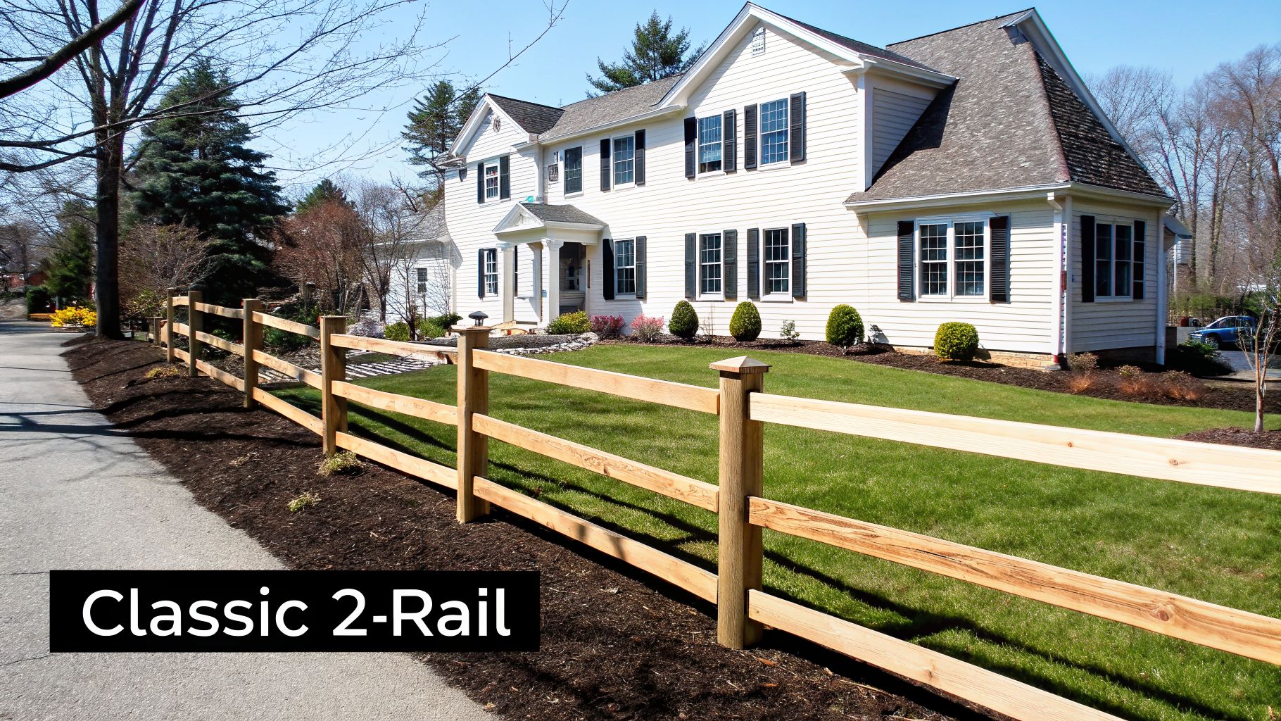 A classic 2-rail wooden split rail fence separates a green lawn from a paved pathway beside a white house.