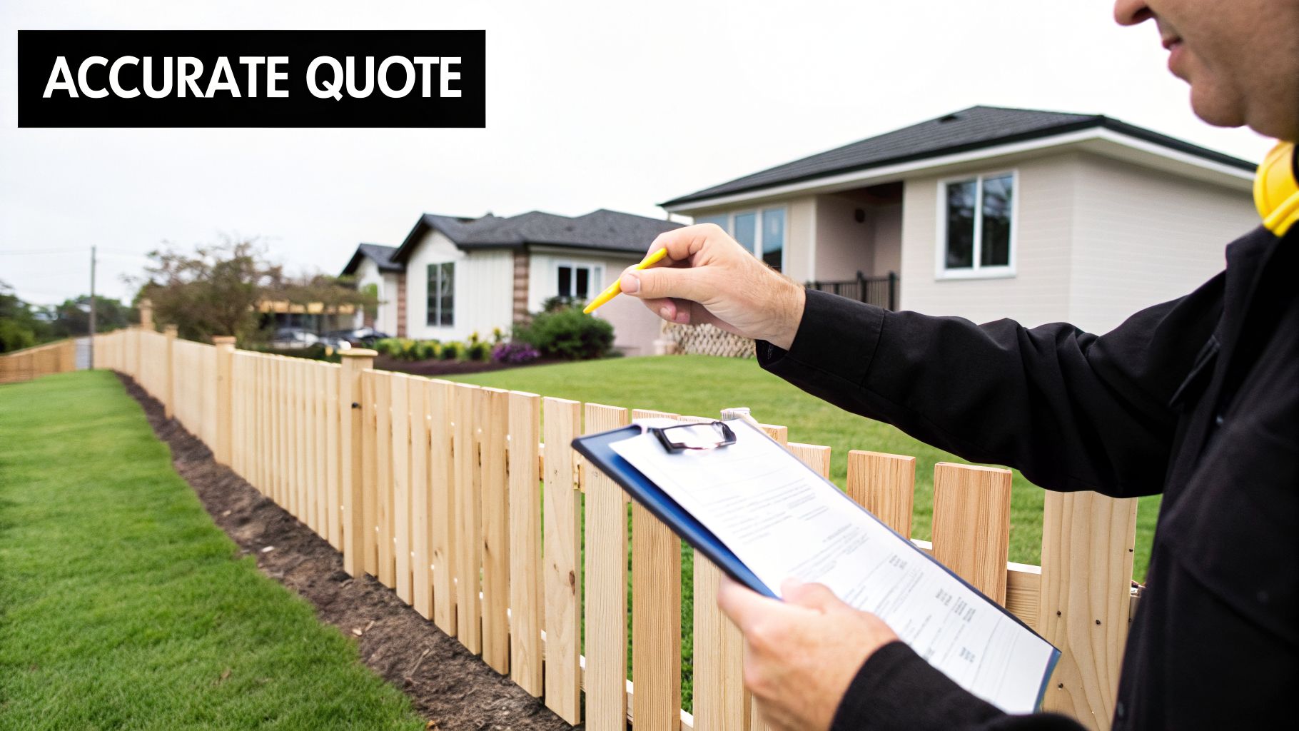 A person holding a clipboard and pen, pointing at a new wooden fence with houses in the background, implying a quote.