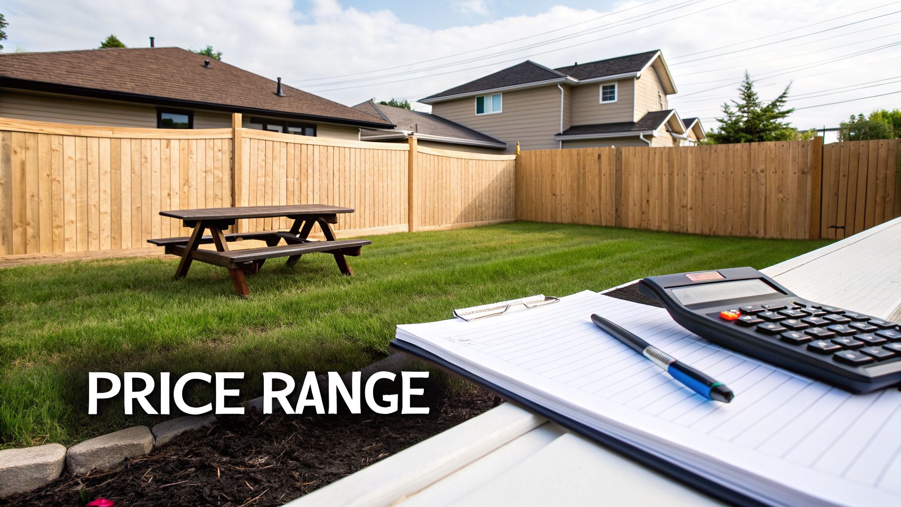 A backyard with a wooden stockade fence, picnic table, houses, calculator, and 'PRICE RANGE' text.