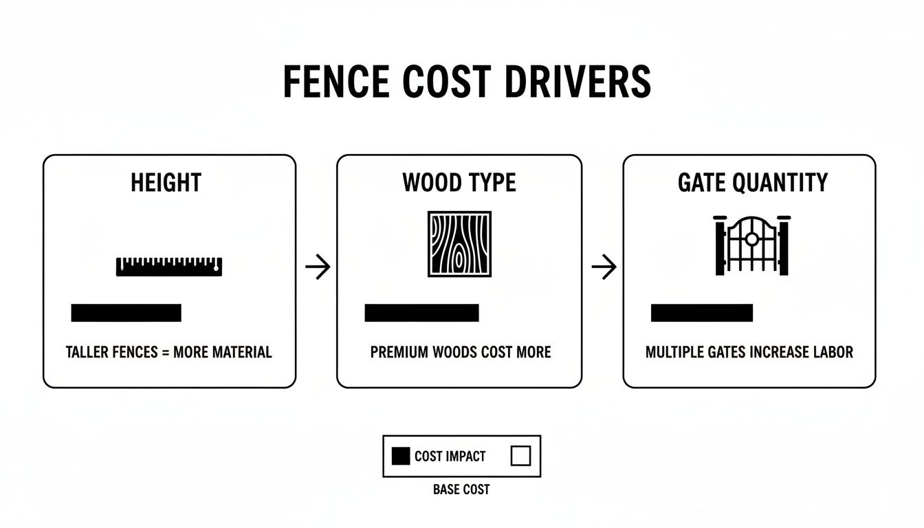 Infographic detailing fence cost drivers including height, wood type, and gate quantity affecting total price.