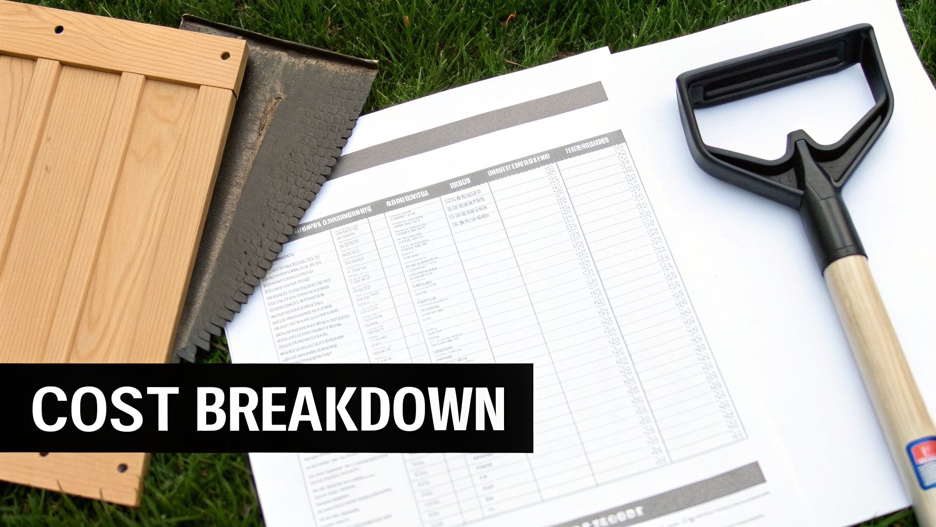 Overhead view of a wooden fence panel, a shovel, and a cost breakdown document on green grass.