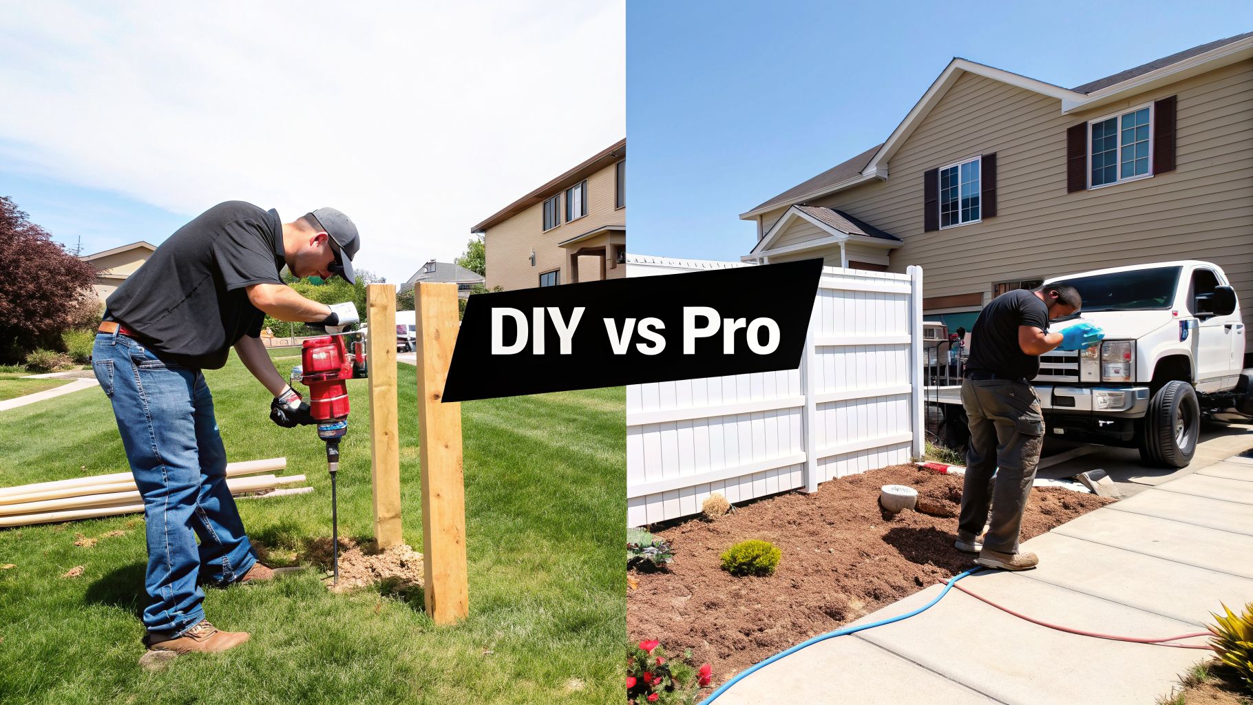 Comparing DIY fence post installation with professional site work near a vinyl fence, labeled DIY vs Pro.