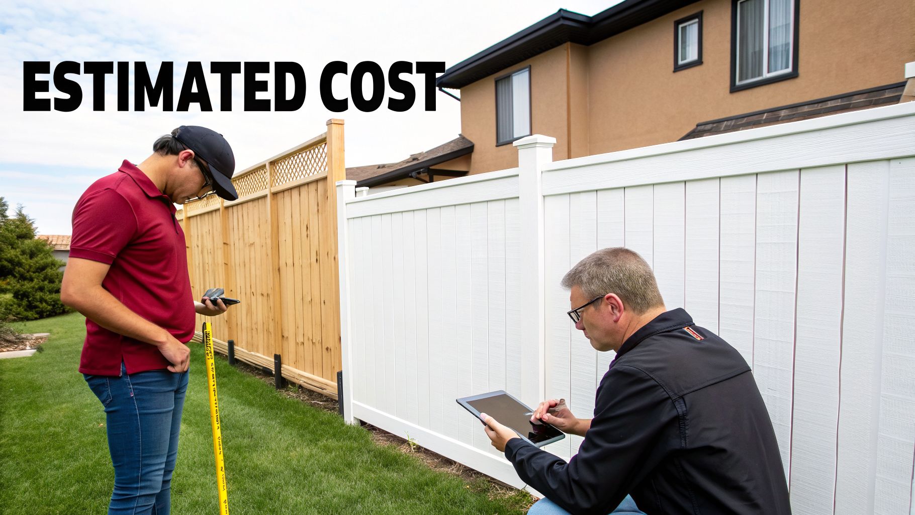 Two professionals measuring a new vinyl fence and calculating its estimated cost on mobile devices.