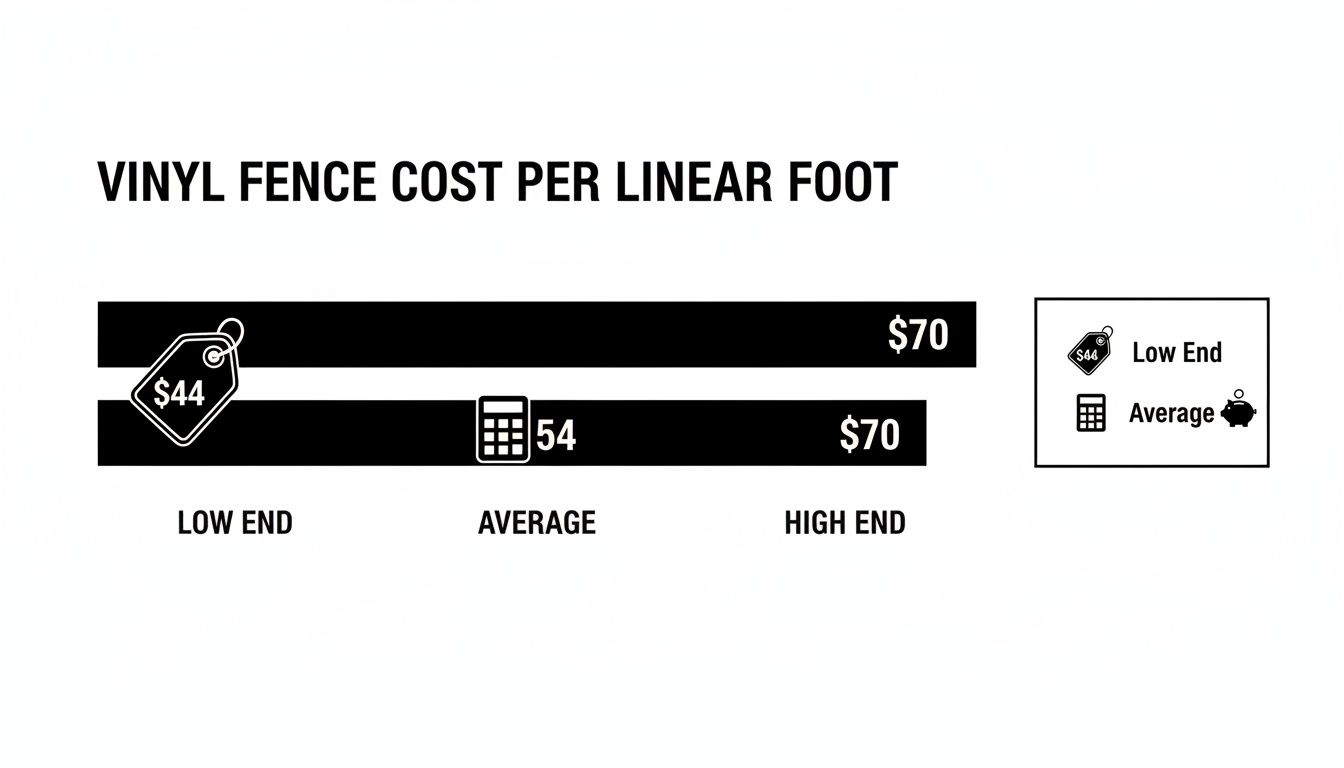 Infographic showing vinyl fence cost per linear foot: low end $44, average $54, and high end $70.