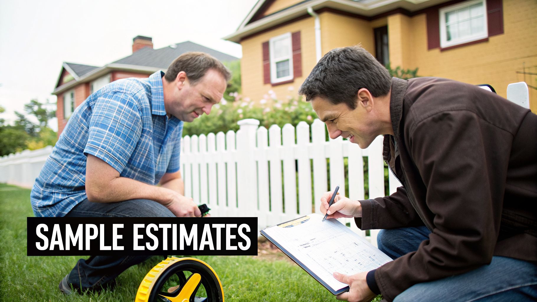 Two men kneel on a lawn, one measures with a wheel, the other writes estimates on a clipboard.