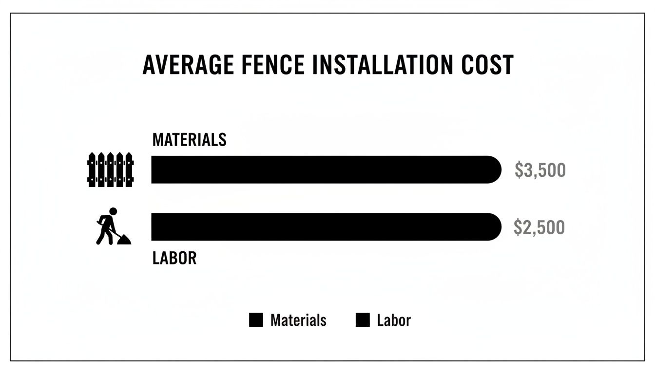 Bar chart illustrating average fence installation costs: materials at $3,500 and labor at $2,500.