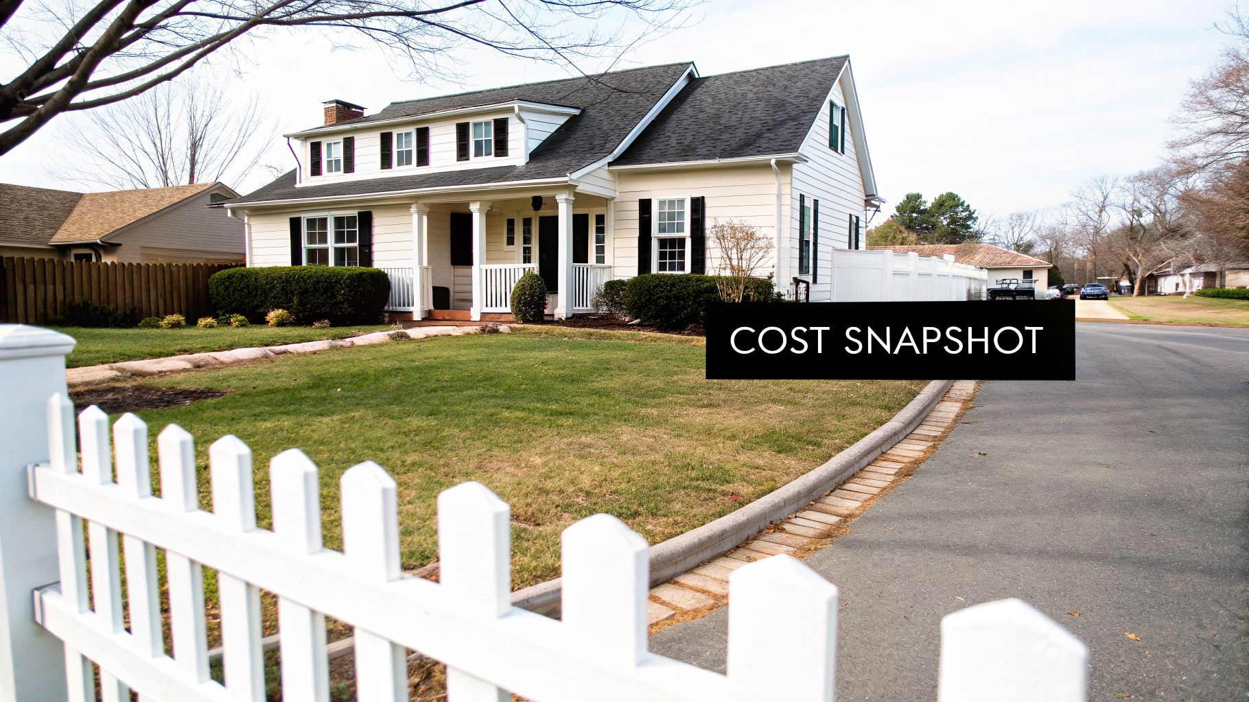 A classic white suburban home with a dark roof and a white picket fence in front.