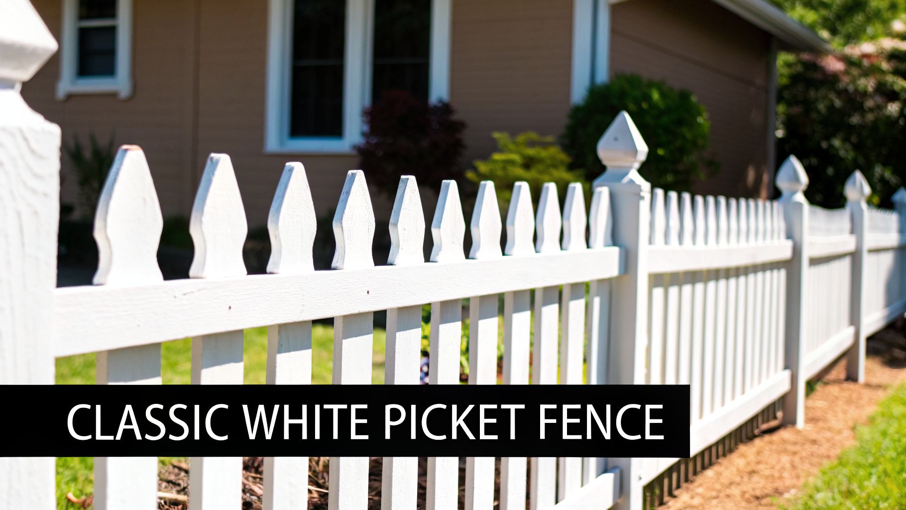 A classic white picket fence stands prominently in front of a house with green bushes.