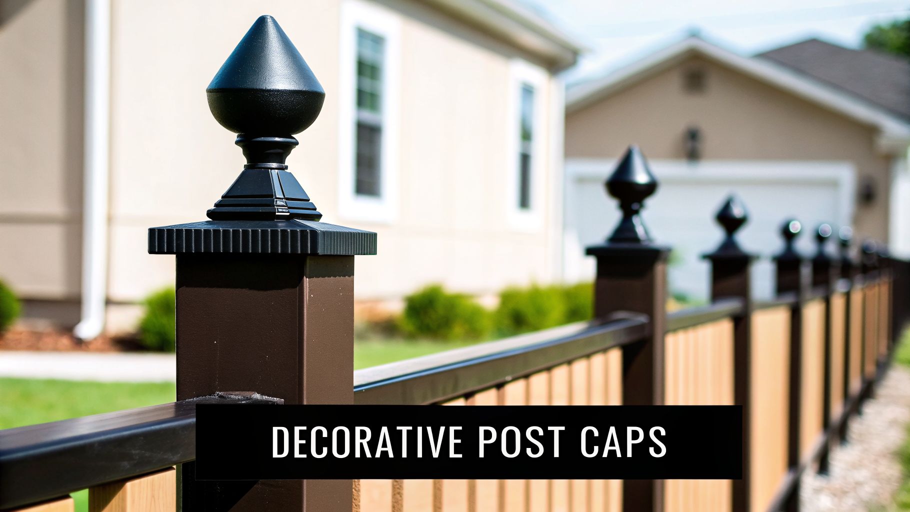 A close-up of a modern fence with decorative black post caps and brown posts, in front of a house.