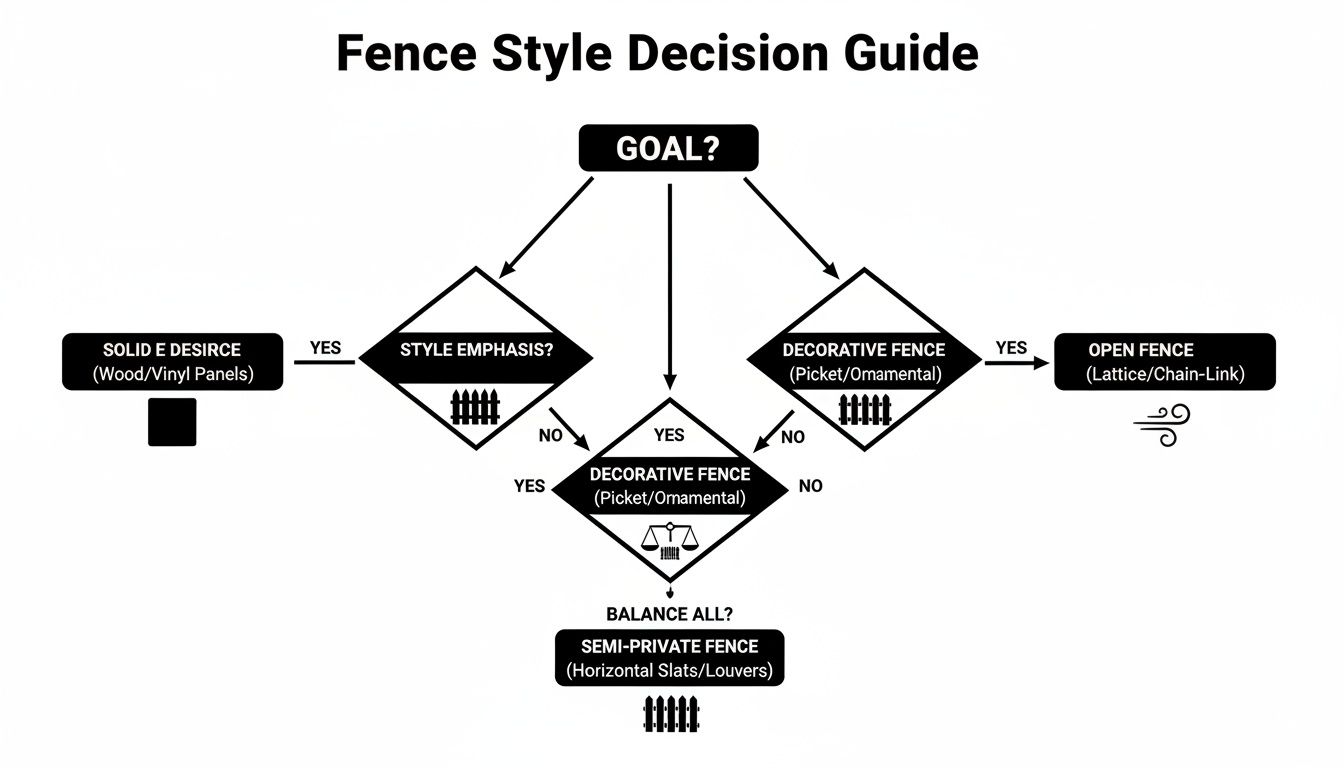 A decision guide flowchart for fence styles, leading to solid, decorative, open, or semi-private options.