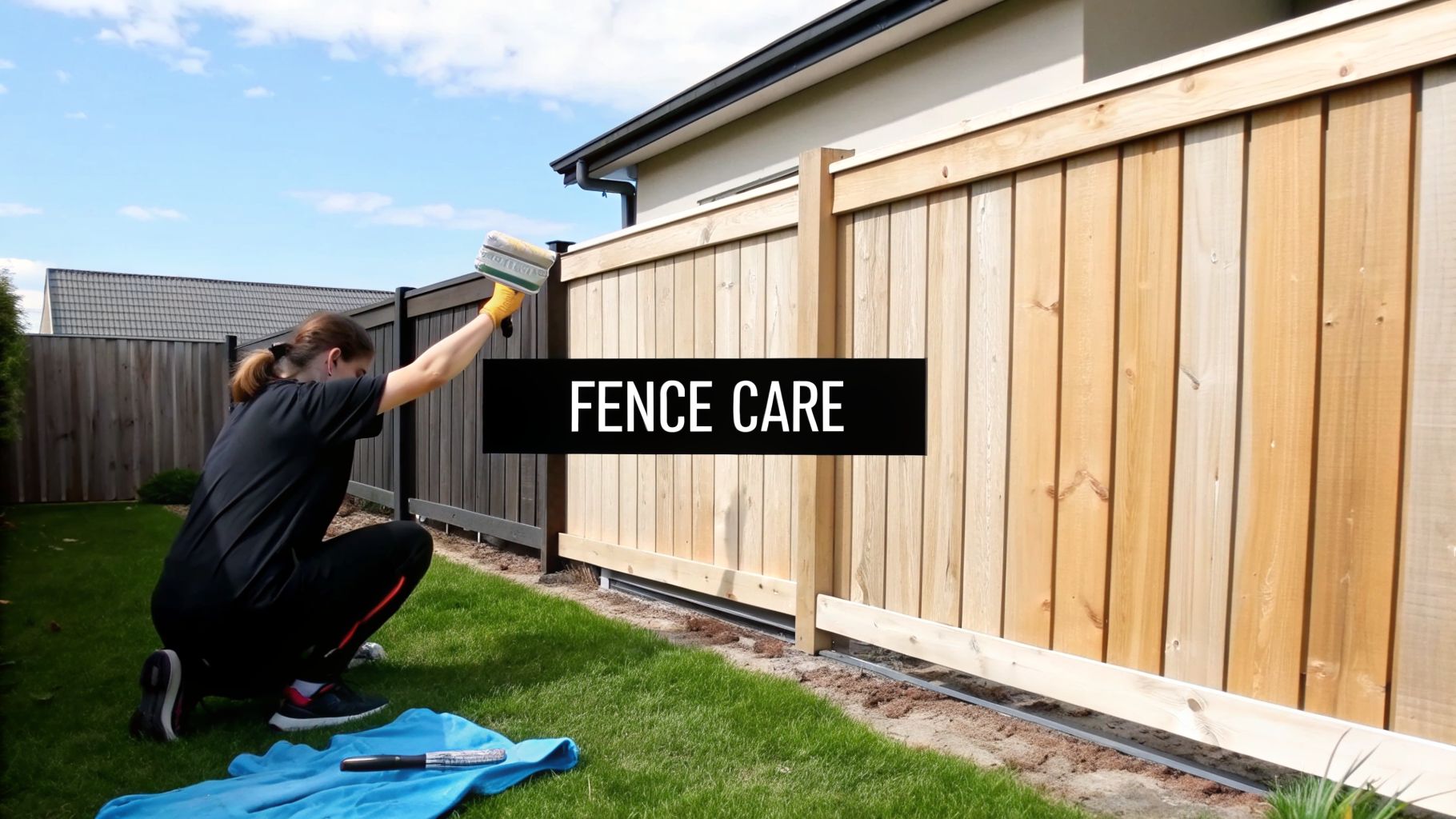 A person in yellow gloves applies stain to a new wooden fence with a roller.