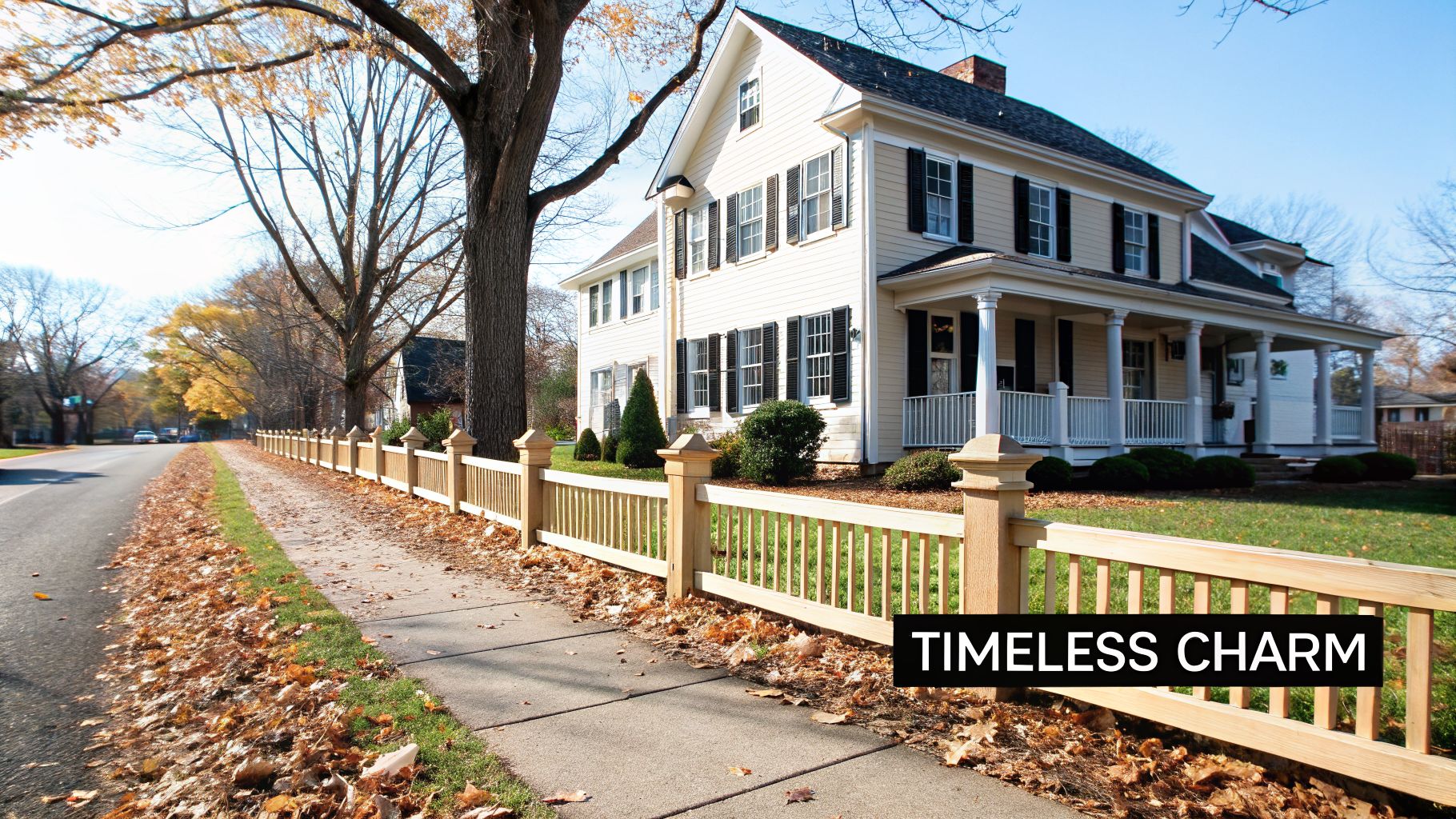 A charming classic home with a picket fence and fallen leaves on a sunny autumn day.