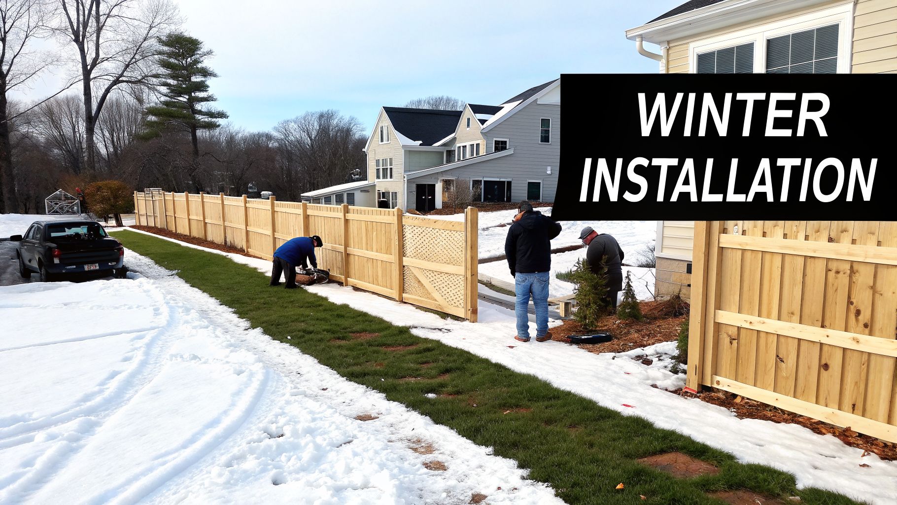 Workers install a new wooden fence in a partially snowy yard during winter, with a house in the background.
