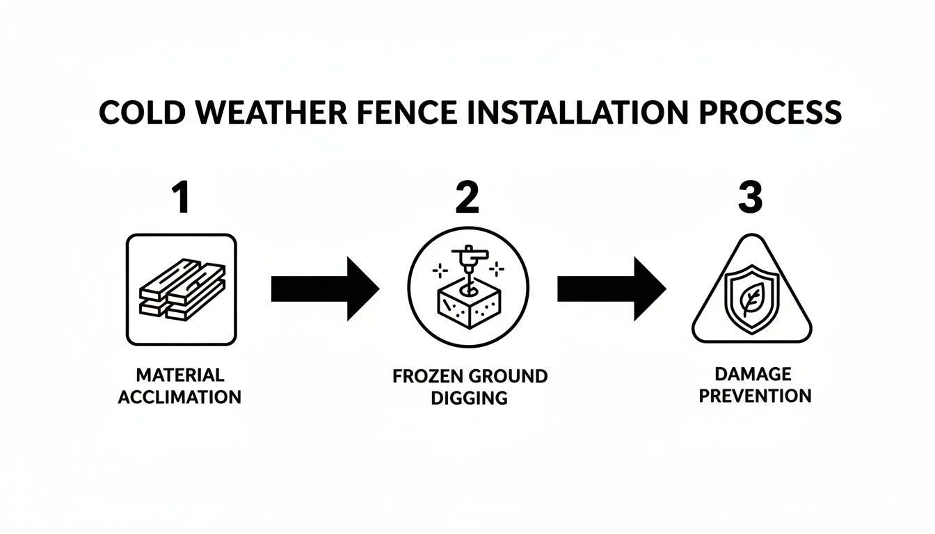 A diagram illustrating the three steps for cold weather fence installation: material acclimation, frozen ground digging, and damage prevention.