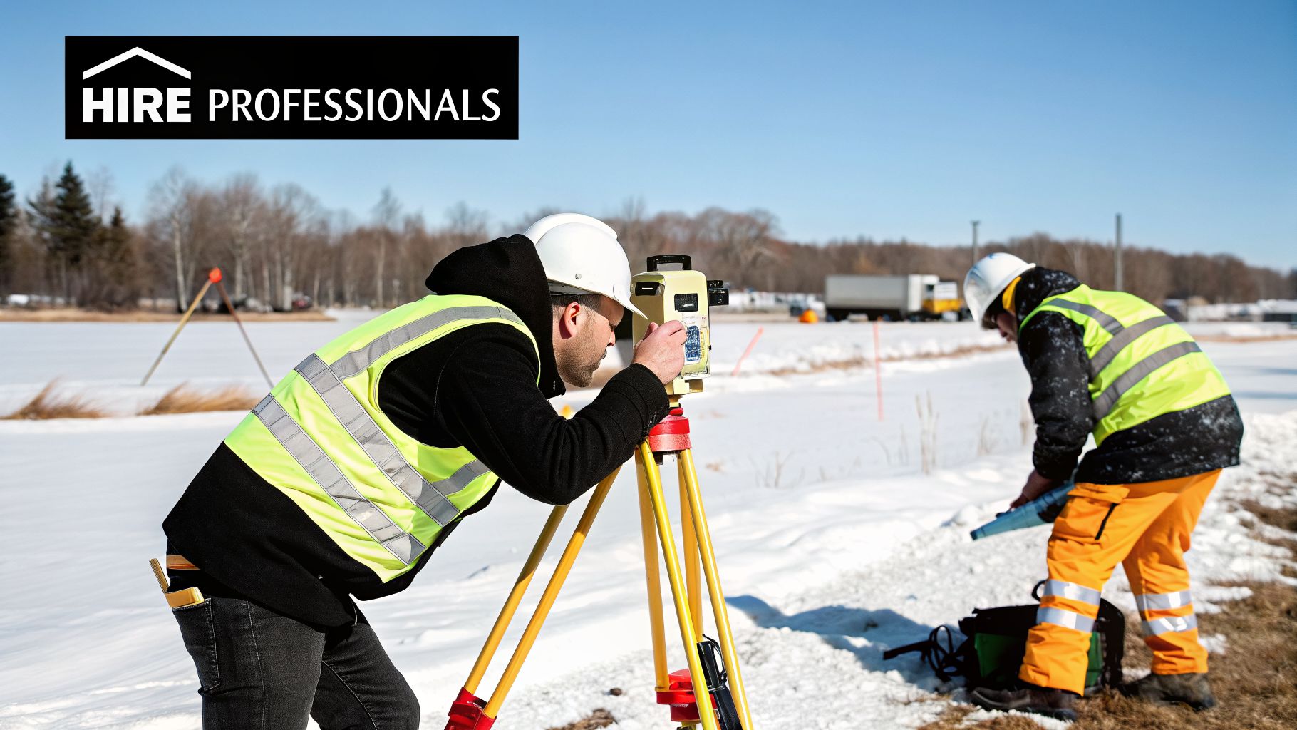 Two professionals, wearing safety gear, surveying a snowy landscape with a total station and other equipment.