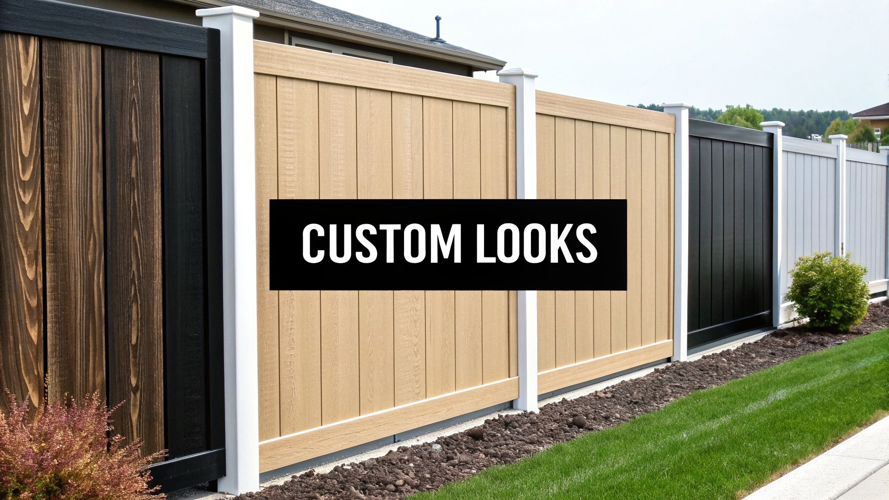 A row of custom PVC fences in various colors like wood brown, tan, black, and white.