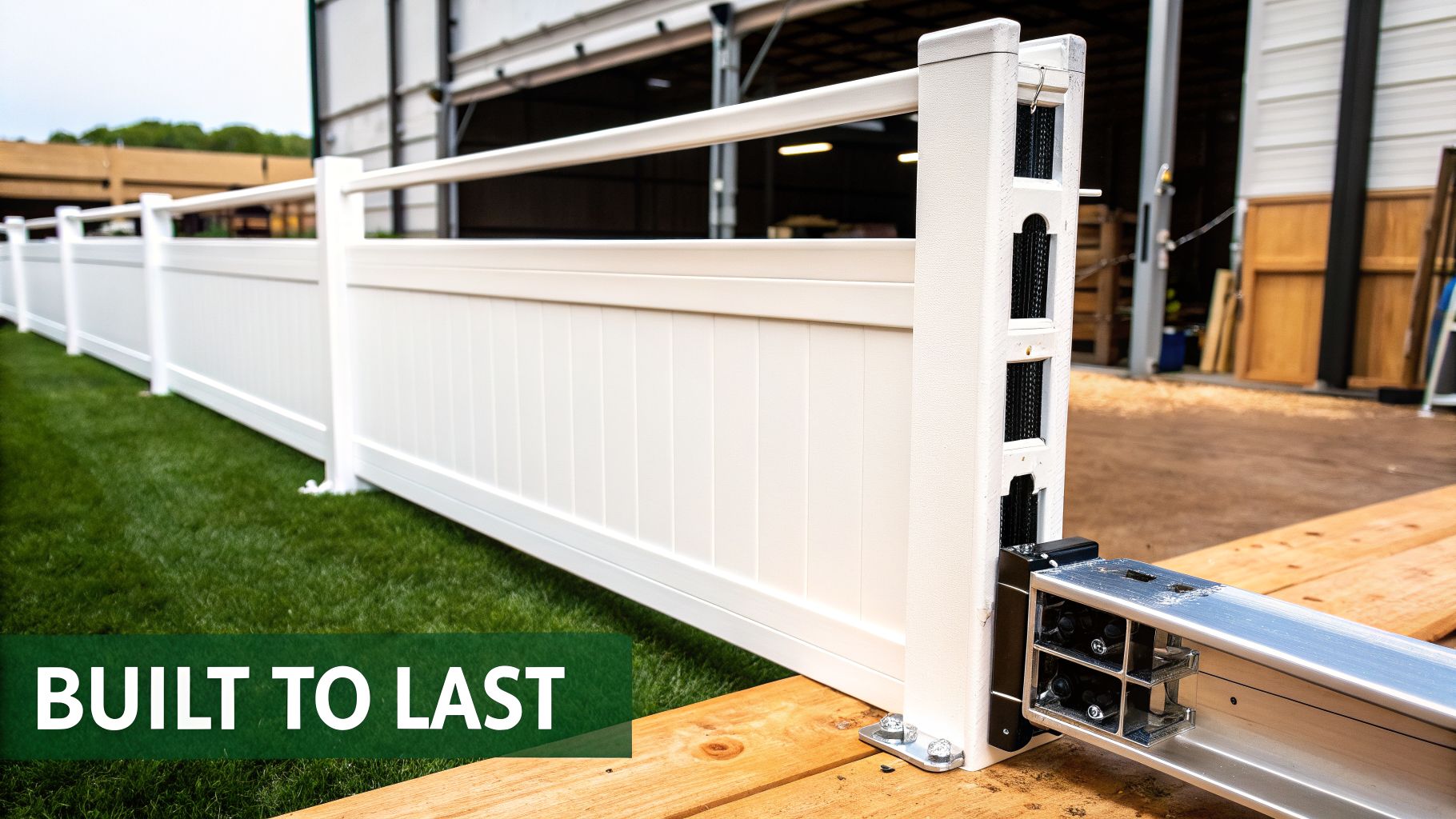 A durable white PVC fence stands on green grass, connected to a wooden platform and a building in the background.