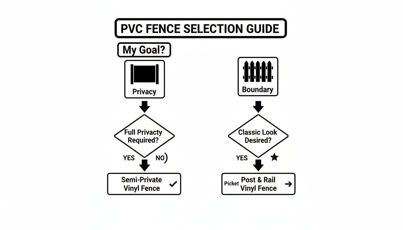 A PVC fence selection guide flowchart offering options for privacy (semi-private) and boundary (picket, post & rail).
