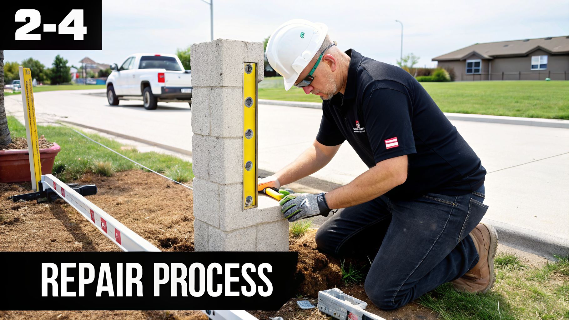 A man in a hard hat and gloves levels concrete blocks for a fence post repair.