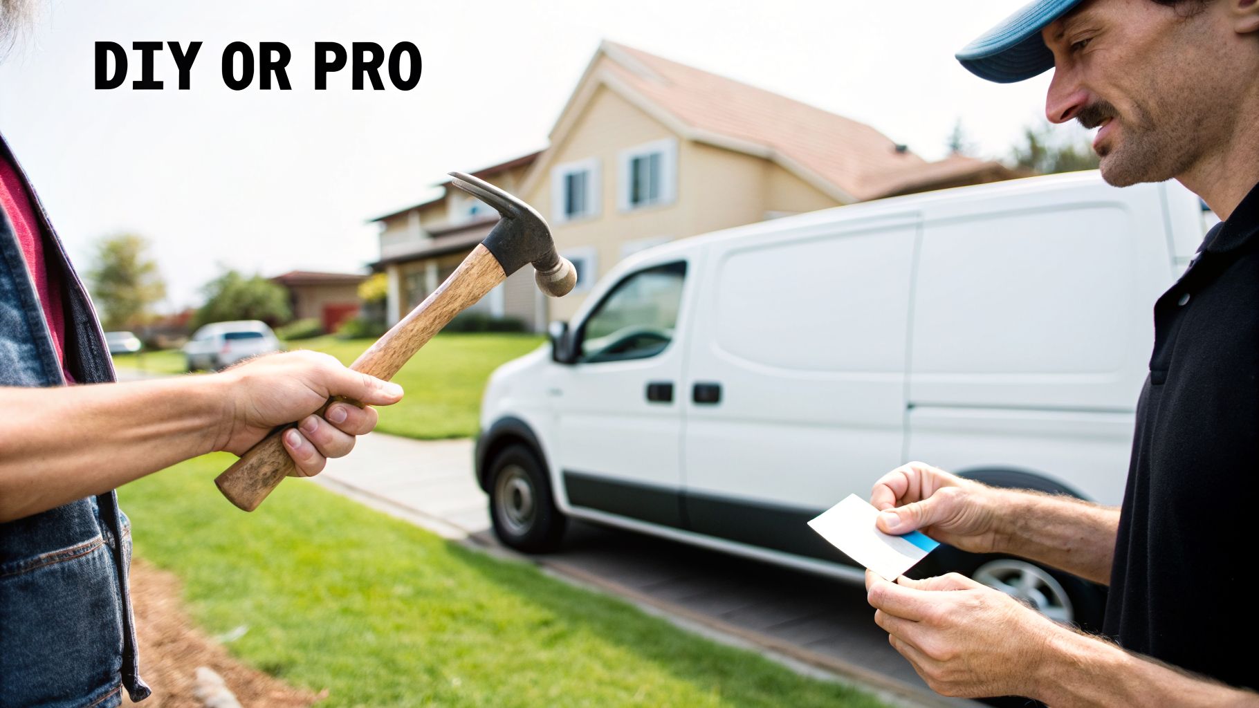A person holds a hammer while another offers a business card, symbolizing DIY vs professional home repair.