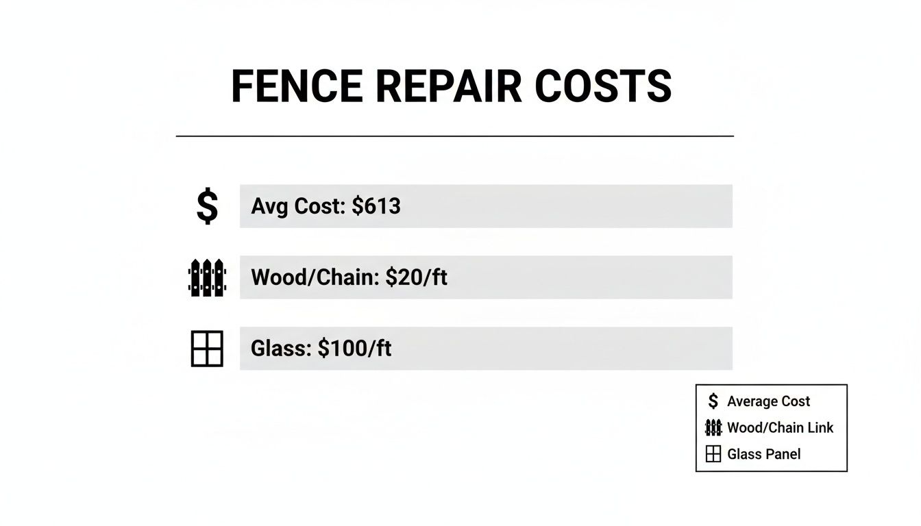 An infographic detailing fence repair costs, including average, wood/chain link, and glass panel prices per foot.