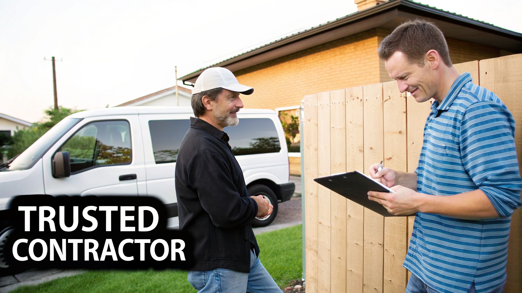 A trusted contractor and a homeowner reviewing paperwork for a security fence installation project.