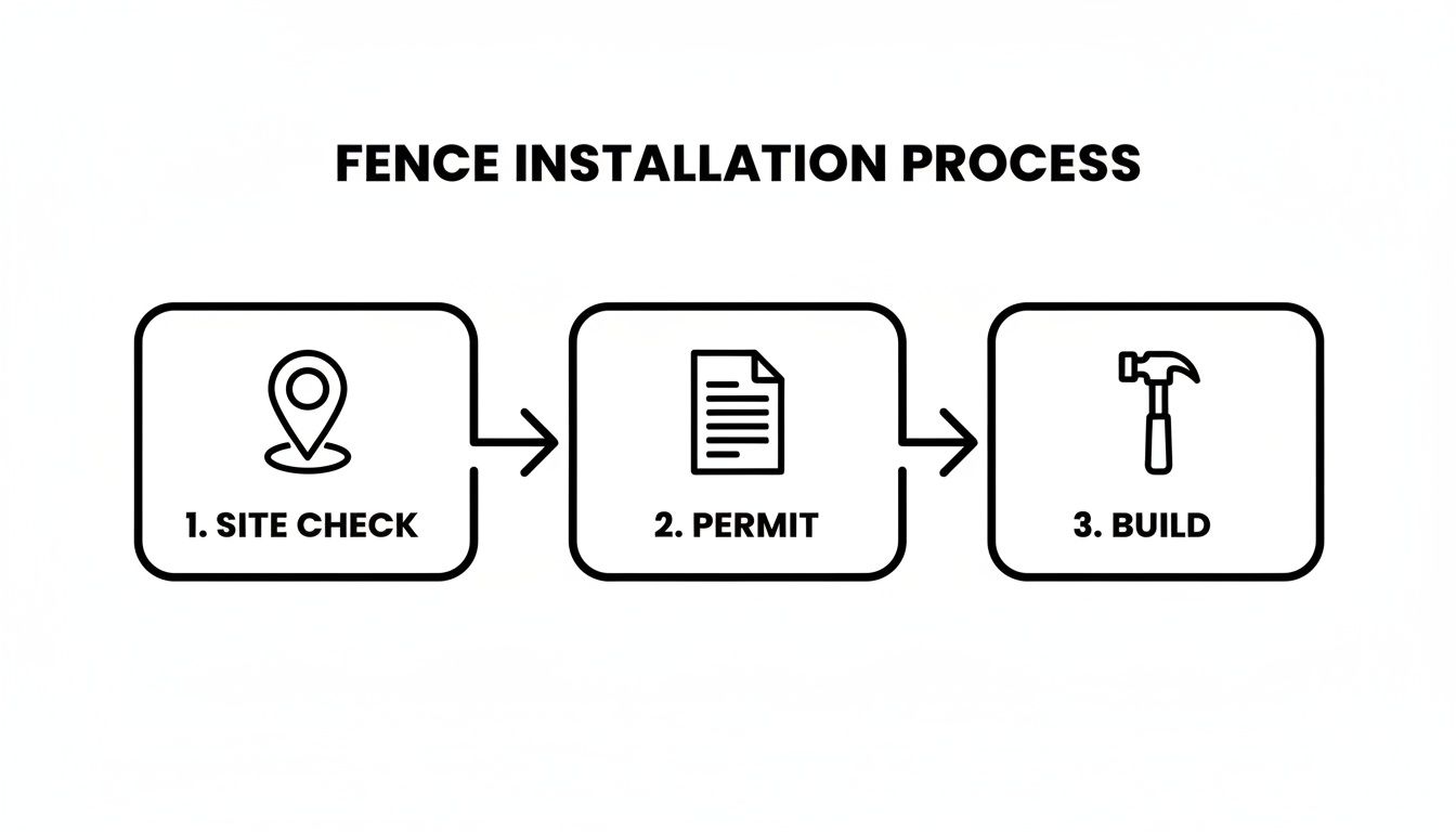 Flowchart illustrating the three-step fence installation process: site check, permit application, and building.
