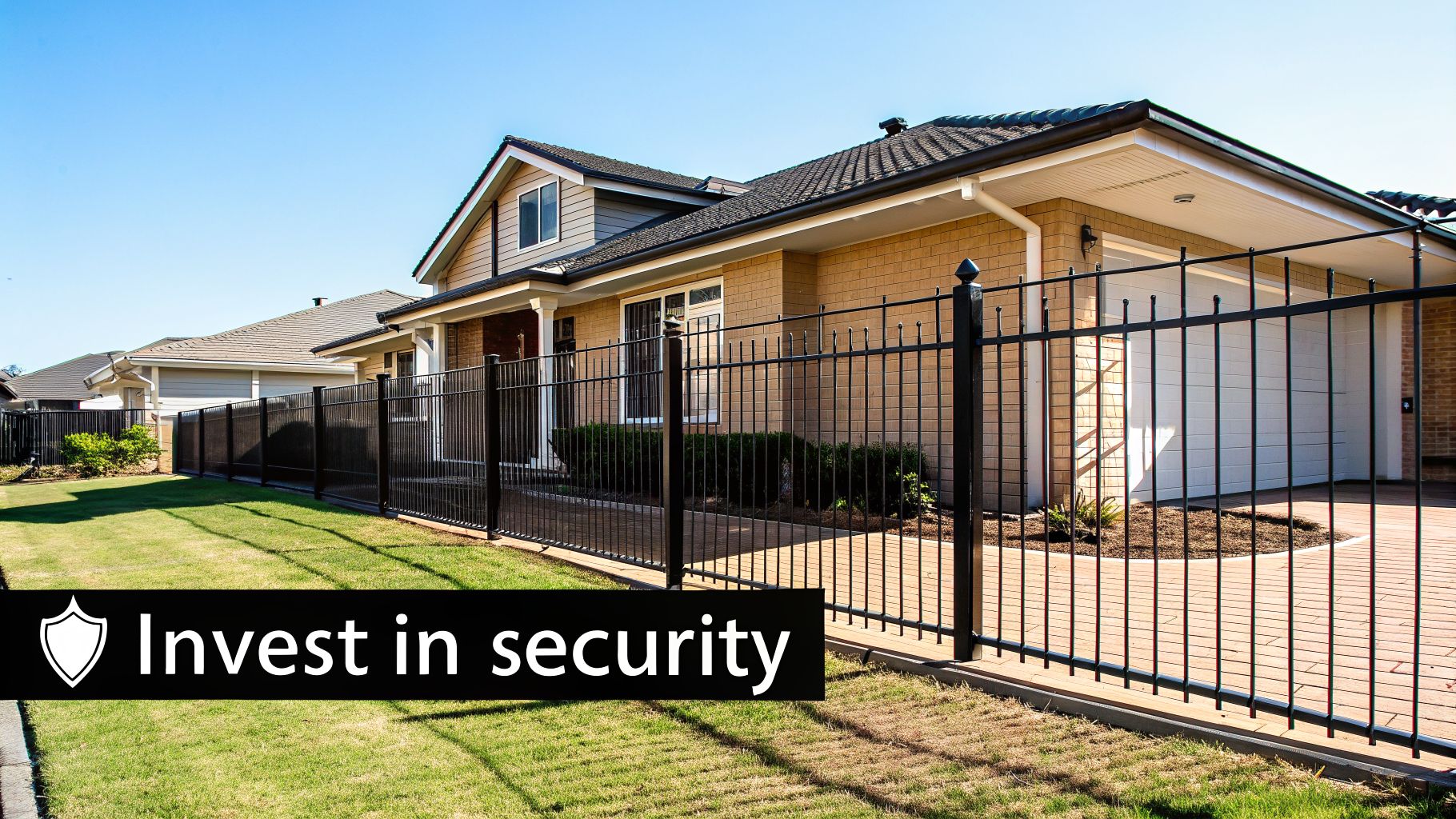 A modern residential house with a well-maintained lawn, protected by a strong black security fence.