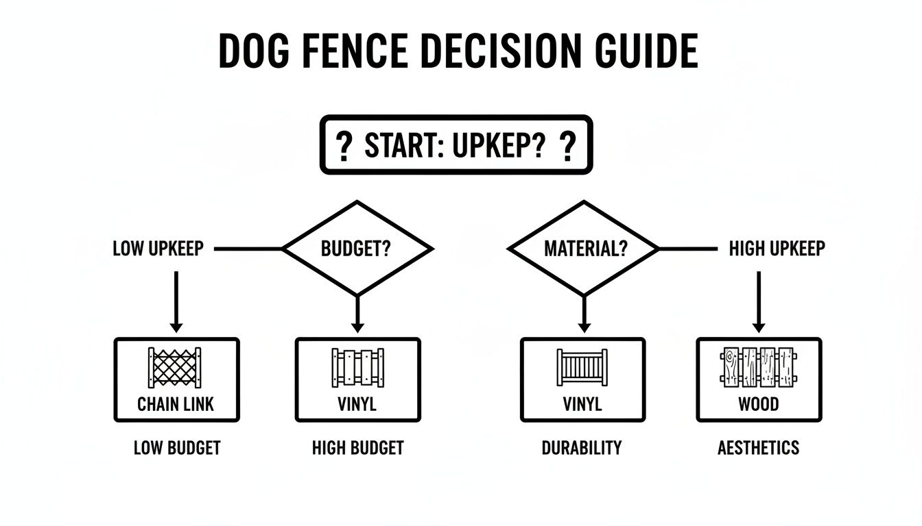 A dog fence decision guide flowchart illustrates fence options based on upkeep, budget, and material choices.