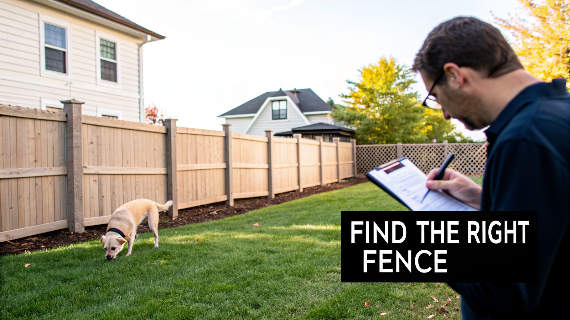 A man reviews a clipboard in a backyard with a dog near a new wooden fence, looking for the right fence.