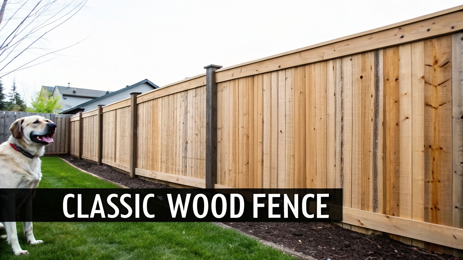 A happy yellow labrador dog in a green backyard with a new classic wood privacy fence.